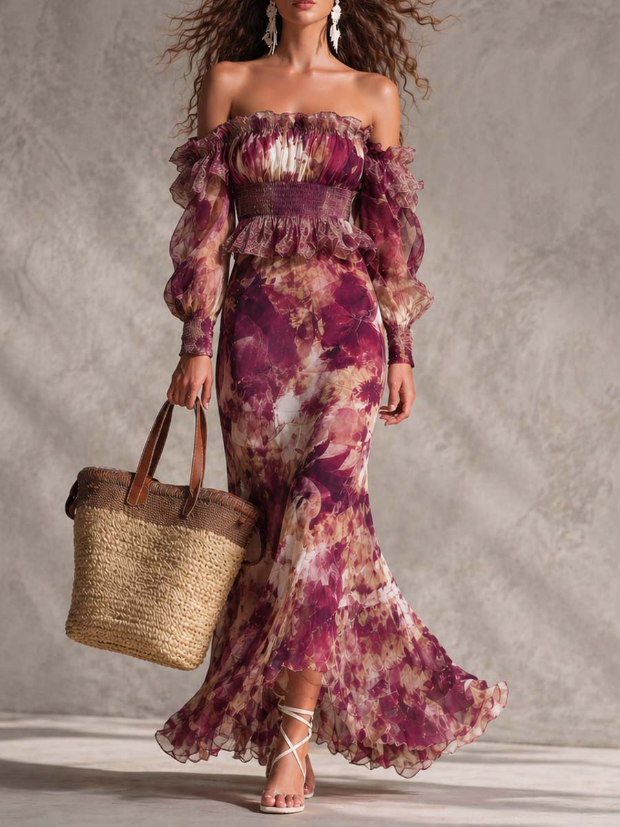 Rosa Blommig Off-Shoulder Chiffon Maxiklänning