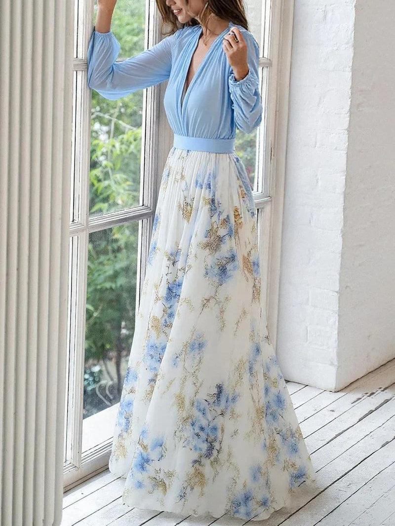 Madeleine | Fantastisk Blomsterprint V-Hals Maxi Kjole