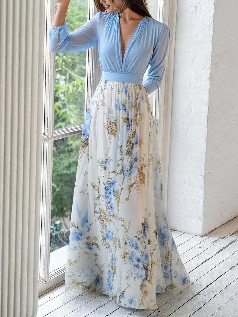 Madeleine | Fantastisk Blomsterprint V-Hals Maxi Kjole