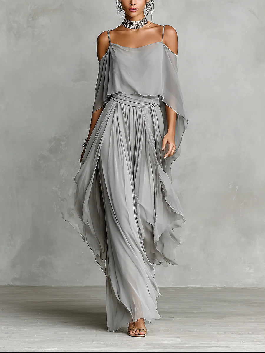 Grå off-shoulder flödande cami och byxor chiffon set