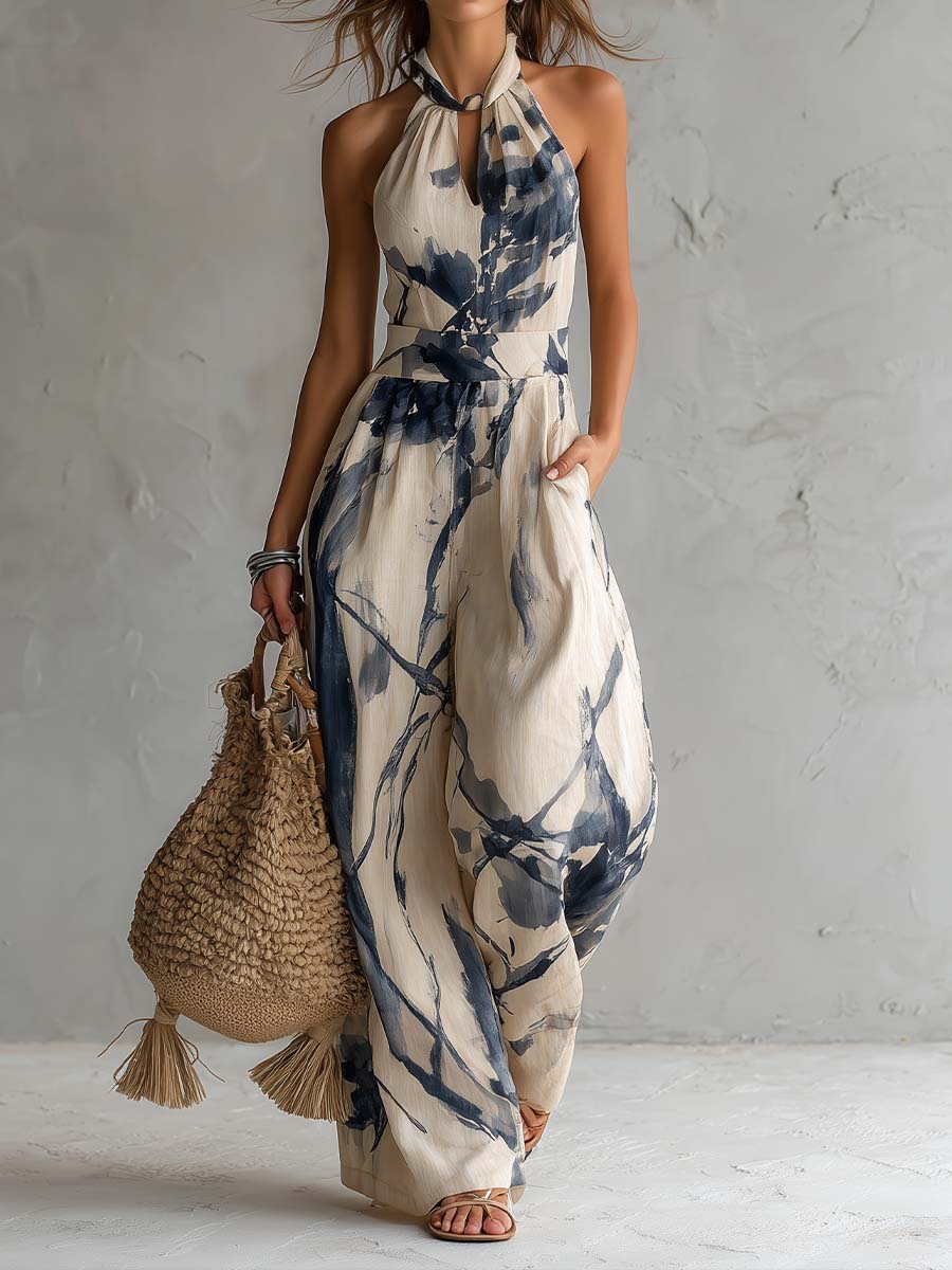 Halter Neck Tuschtryckt Vidbyxor Jumpsuit Med Fickor