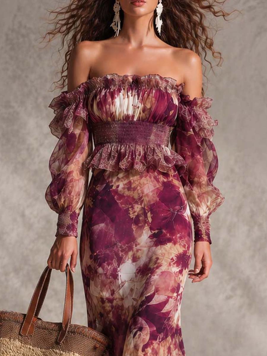 Rosa Blommig Off-Shoulder Chiffon Maxiklänning