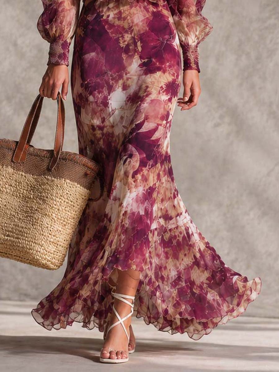 Rosa Blommig Off-Shoulder Chiffon Maxiklänning