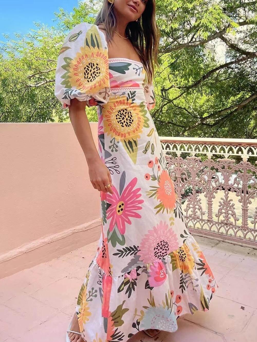 Ivy | Ferie Square Neck Blomsterprint Maxi Kjole