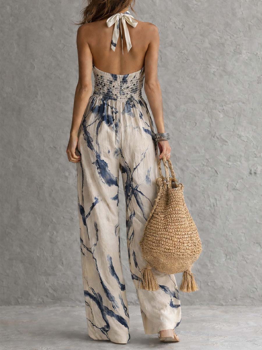 Halter Neck Tuschtryckt Vidbyxor Jumpsuit Med Fickor