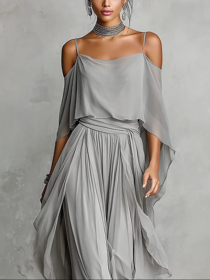Grå off-shoulder flödande cami och byxor chiffon set