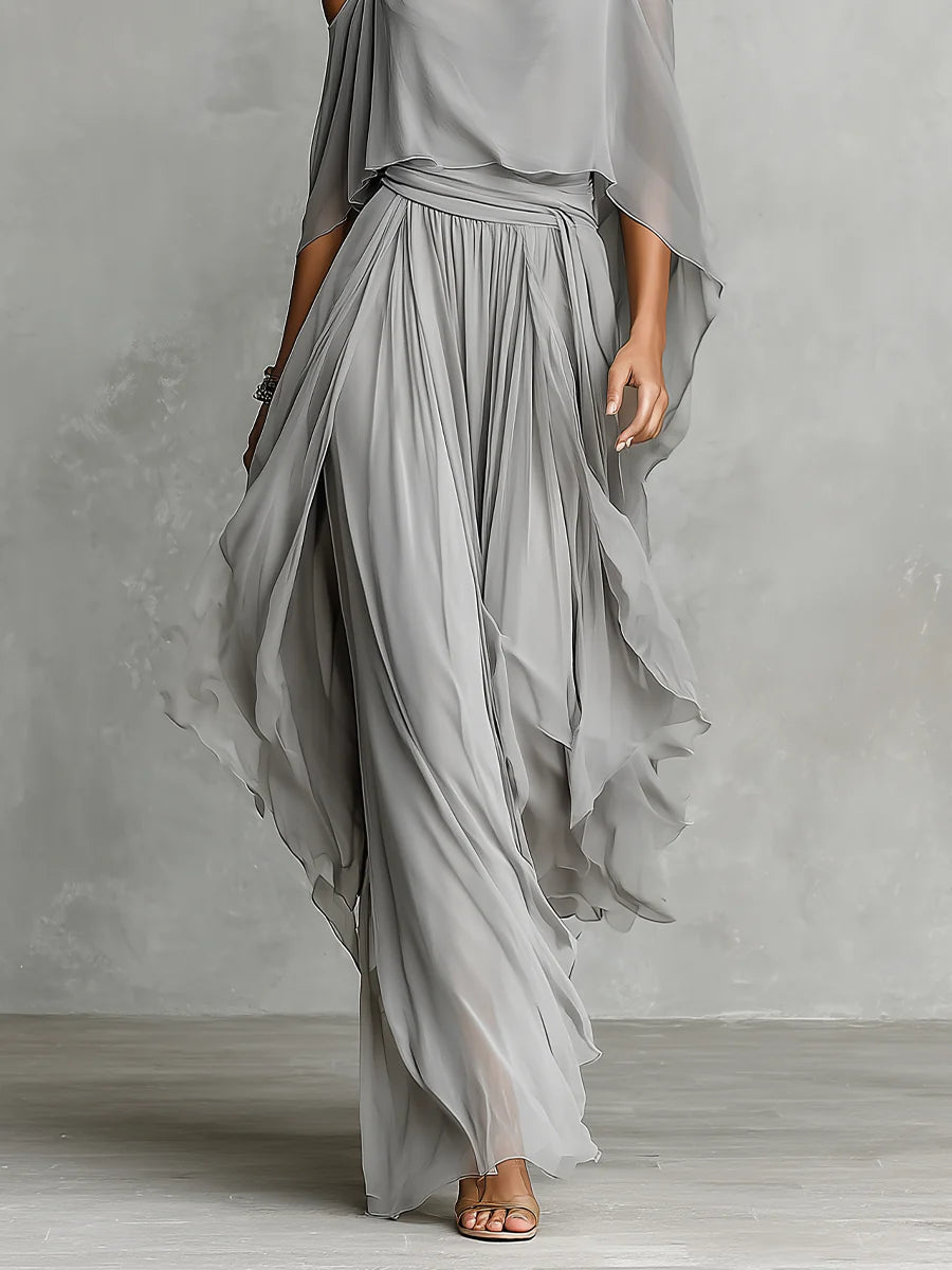 Grå off-shoulder flödande cami och byxor chiffon set