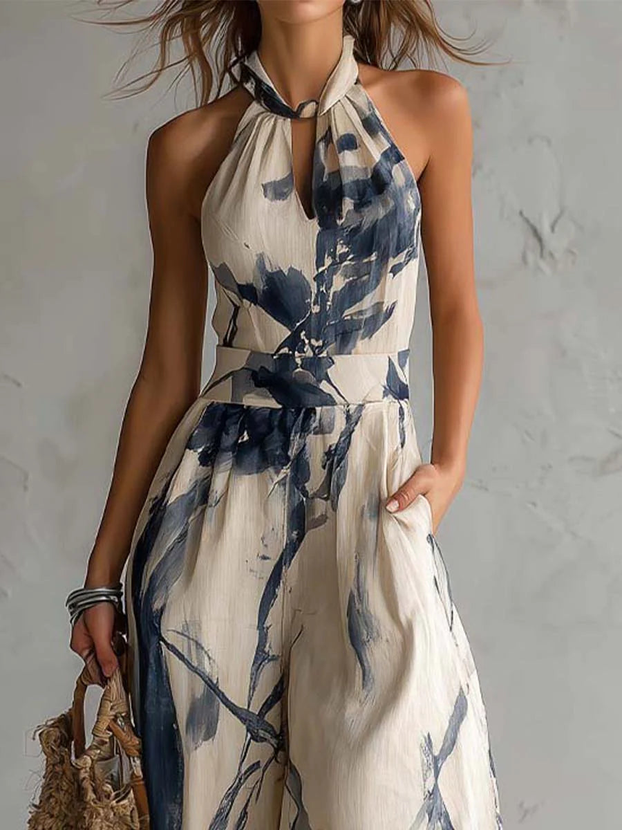 Halter Neck Tuschtryckt Vidbyxor Jumpsuit Med Fickor
