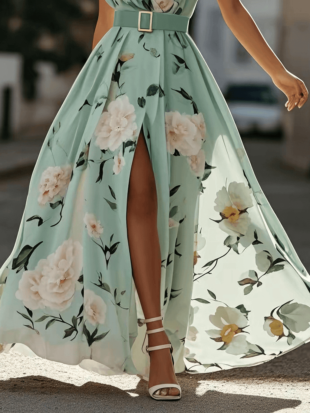 Julie | Lys Grøn Blomster Chiffon One-Shoulder Maxi Kjole