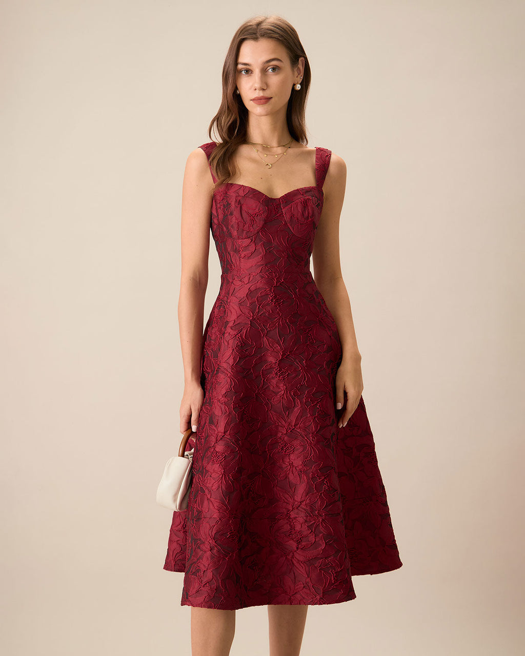 Den Röda Sweetheart Hals Jacquard Midi Klänning