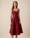 Den Röda Sweetheart Hals Jacquard Midi Klänning