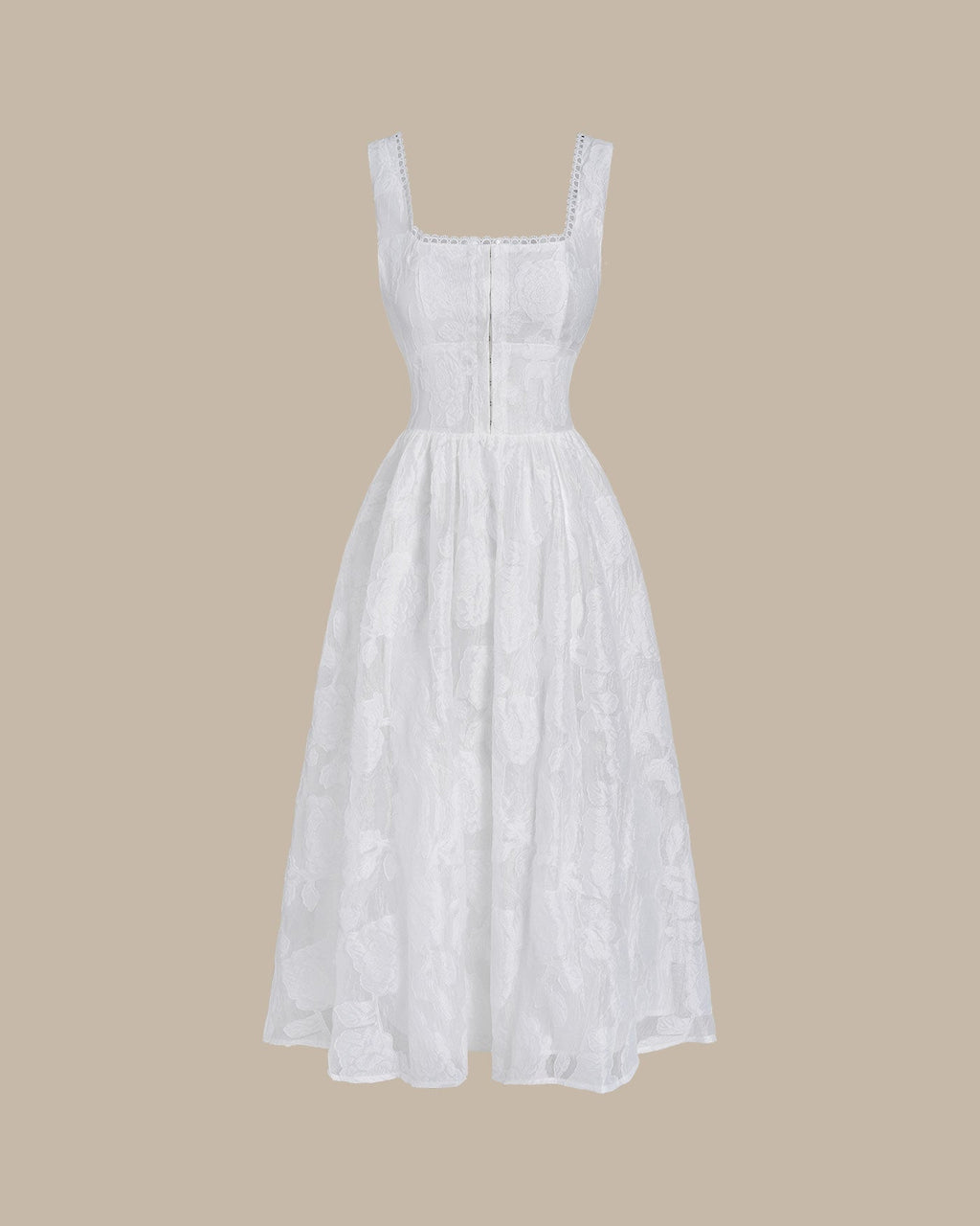 Vit Jacquard Rynkad Slip Midi Klänning