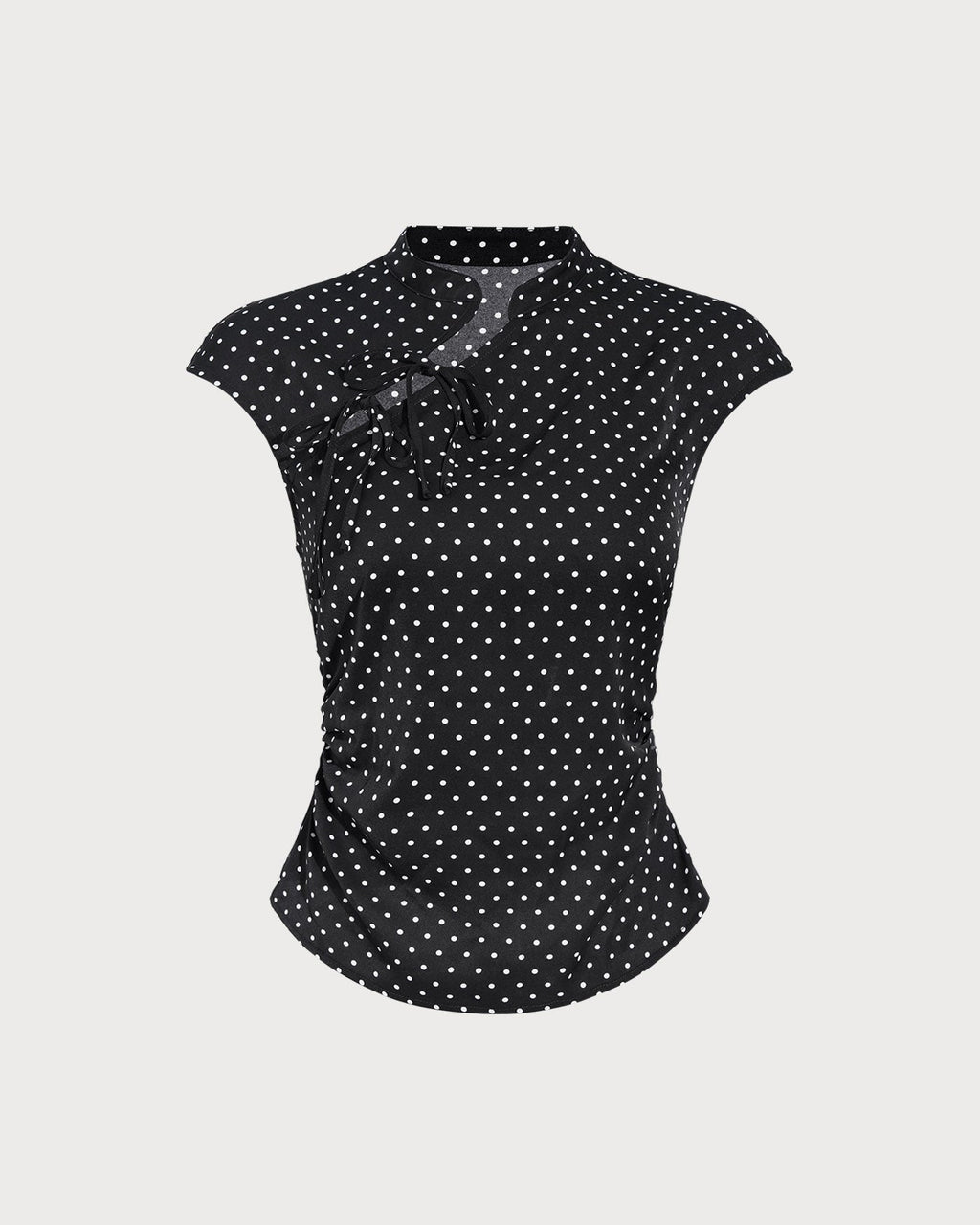 Svart Prickig Mandarin Krage T-shirt