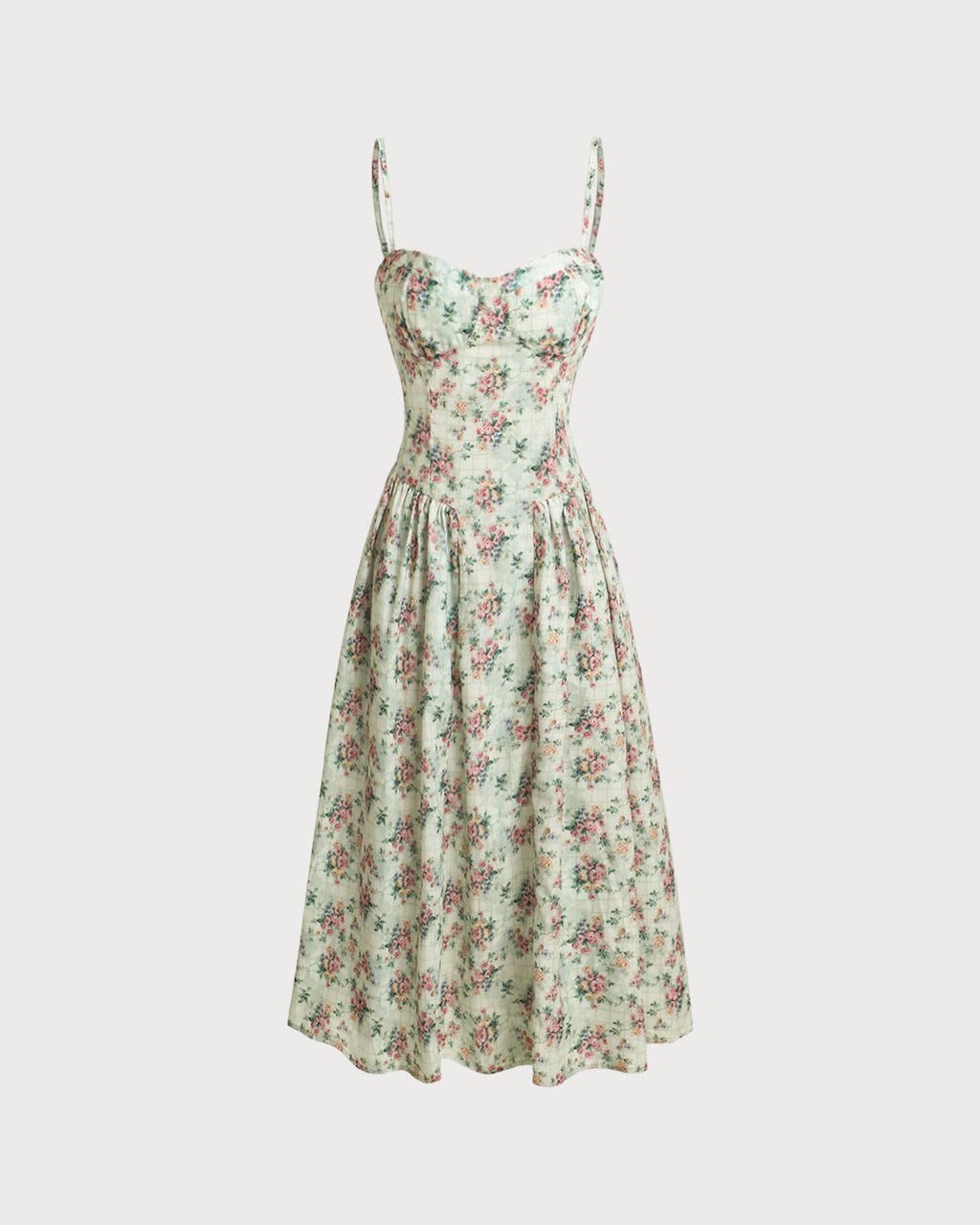 Grön Blommig Sweetheart Halsringad Plisserad Slip Midi Klänning