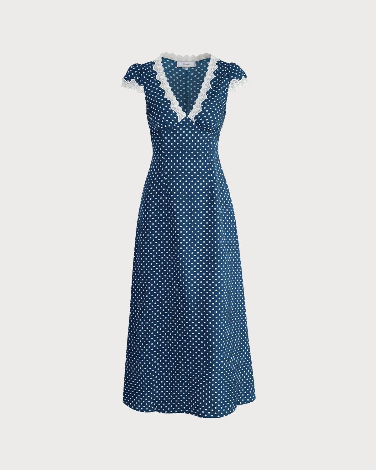 Navy V-ringad Polka Dot Spets Rynkad Maxi Klänning