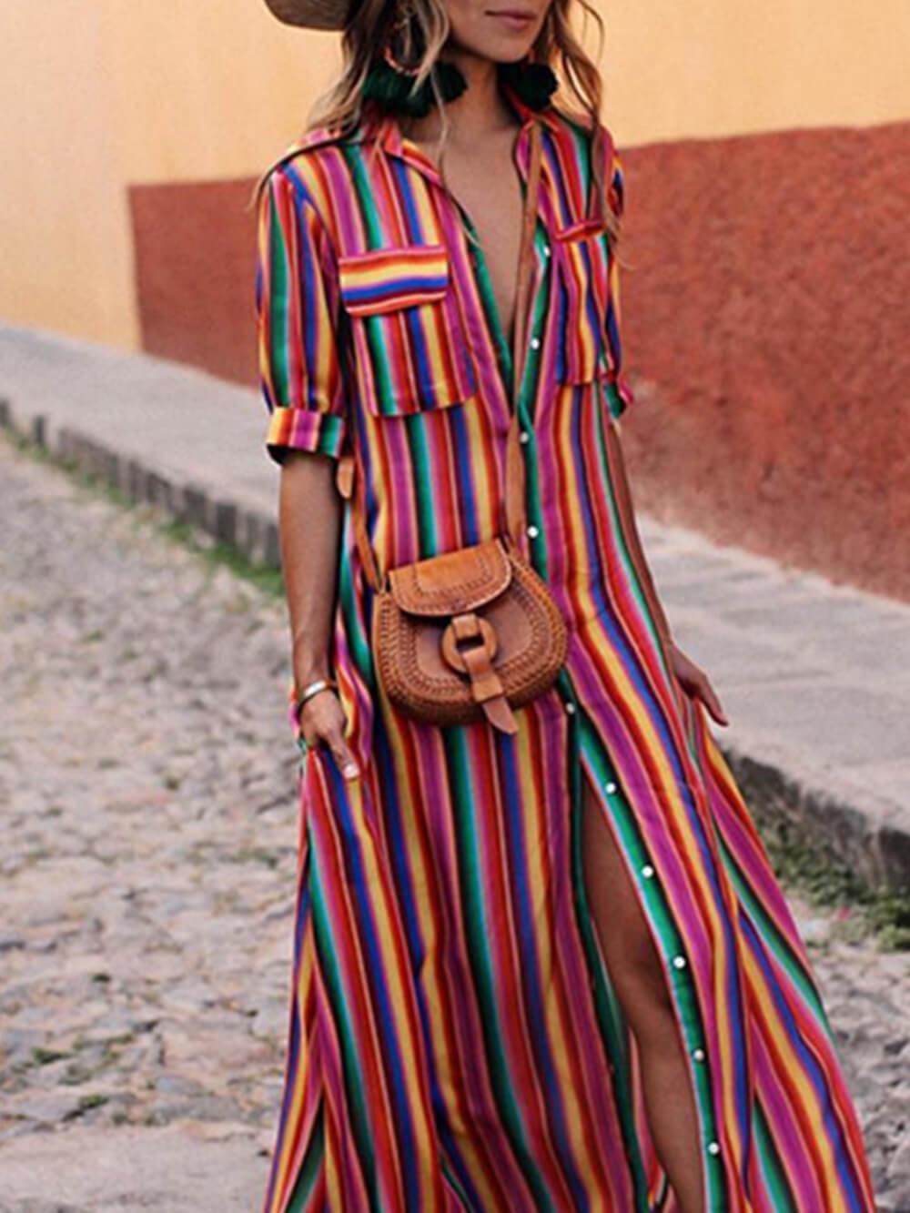 Nancy | Sommer Casual Stribet Trykt Skjorte Maxi Nederdel