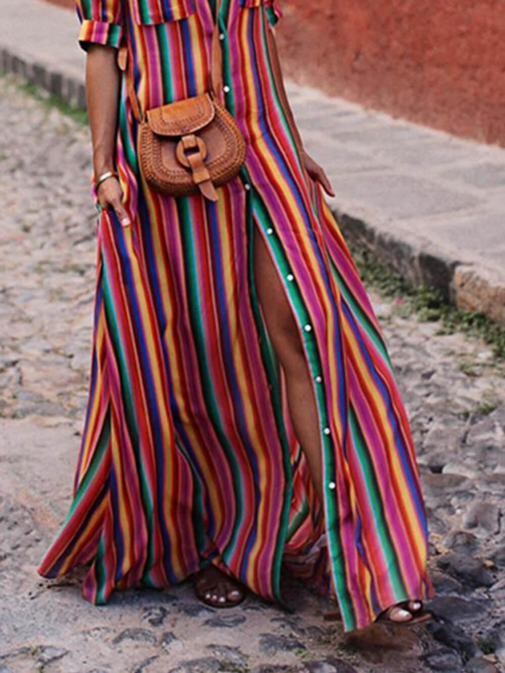 Nancy | Sommer Casual Stribet Trykt Skjorte Maxi Nederdel