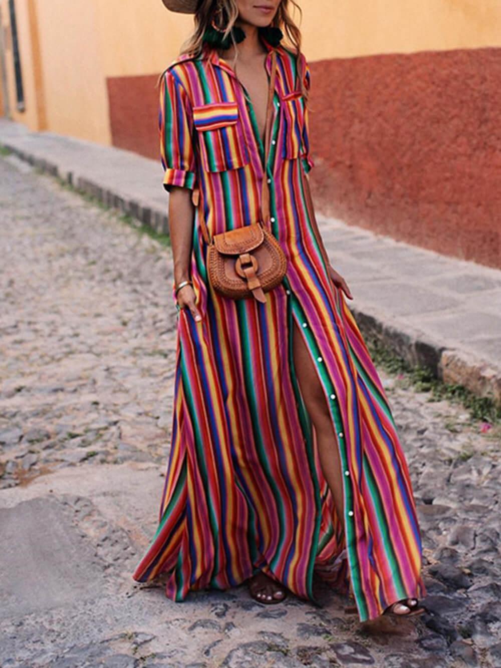 Nancy | Sommer Casual Stribet Trykt Skjorte Maxi Nederdel