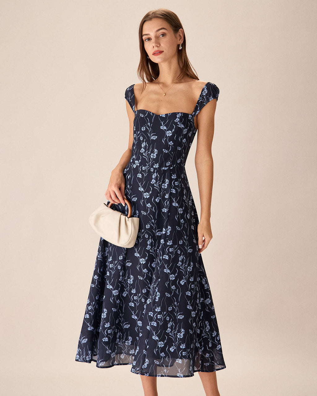 Marinblommig Sweetheart Neck Midi Klänning
