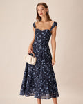 Marinblommig Sweetheart Neck Midi Klänning