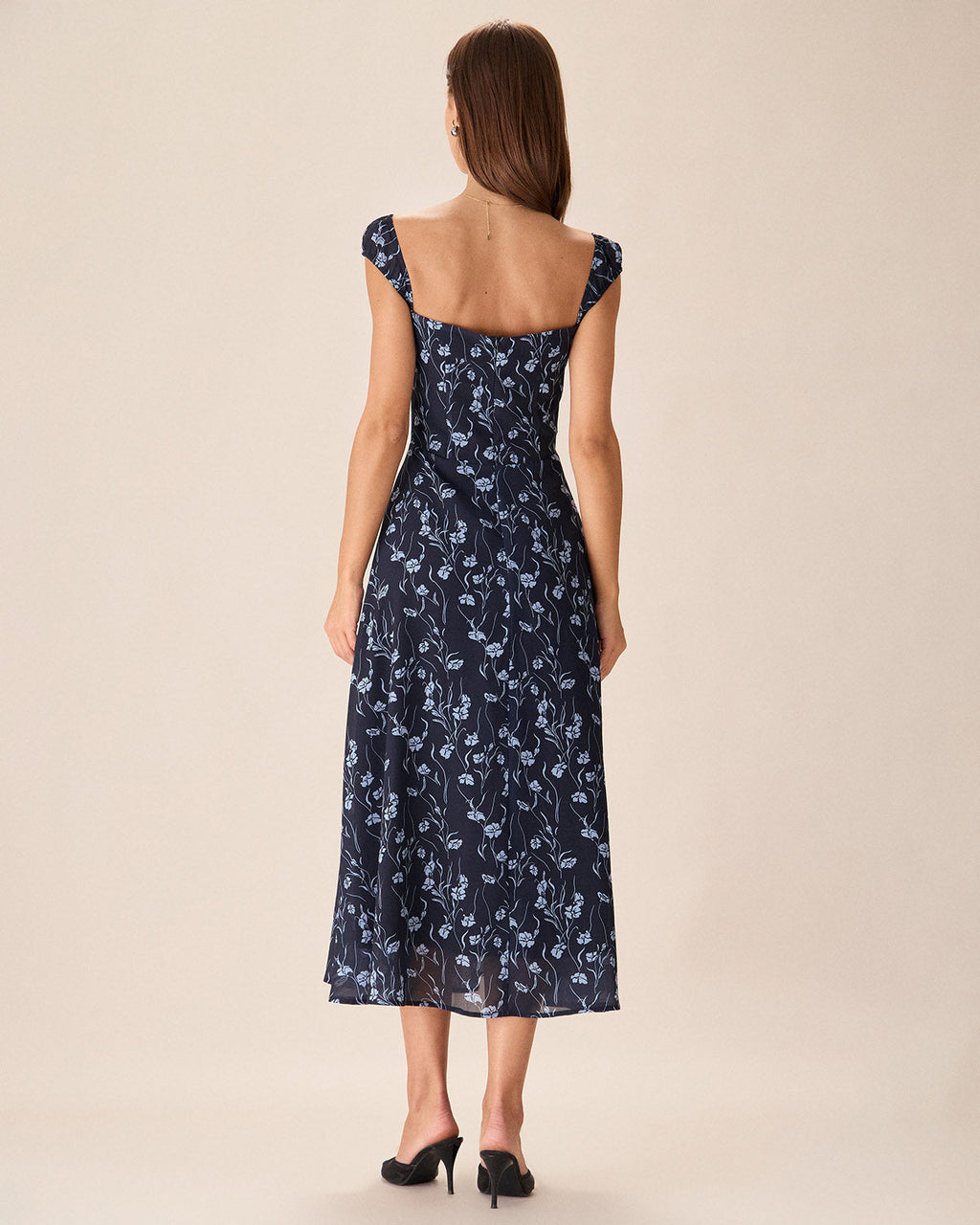 Marinblommig Sweetheart Neck Midi Klänning