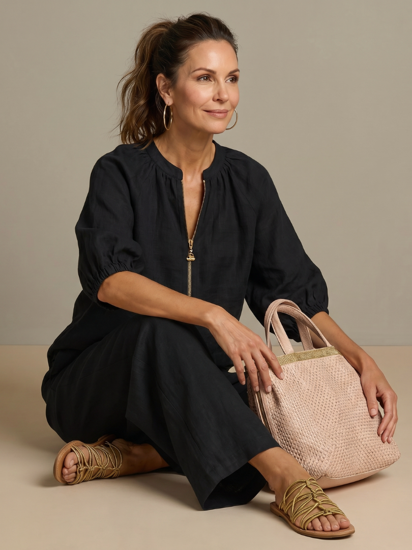 Natalia | Blouson Top med Lynlås og Bred Bukser