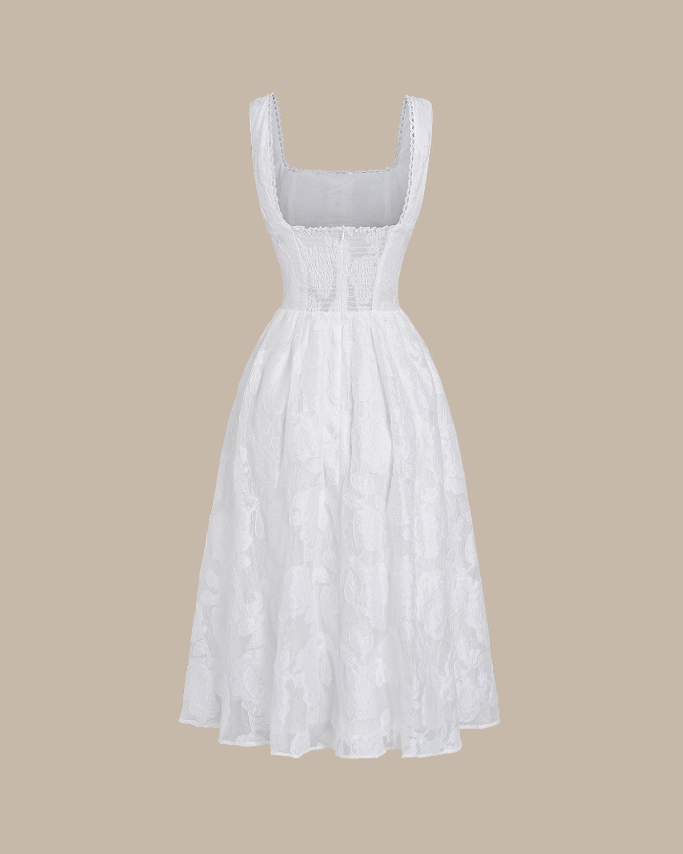 Vit Jacquard Rynkad Slip Midi Klänning