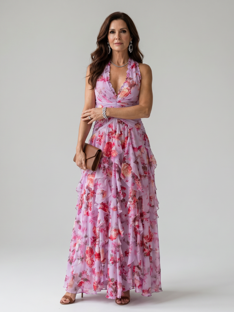 Nori™ Halterneck Rynkad Bodice Blommig Maxi Klänning