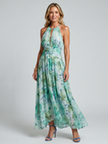 Portia™ Plisserad Halterneck Mjuk Blommönster Midi Klänning