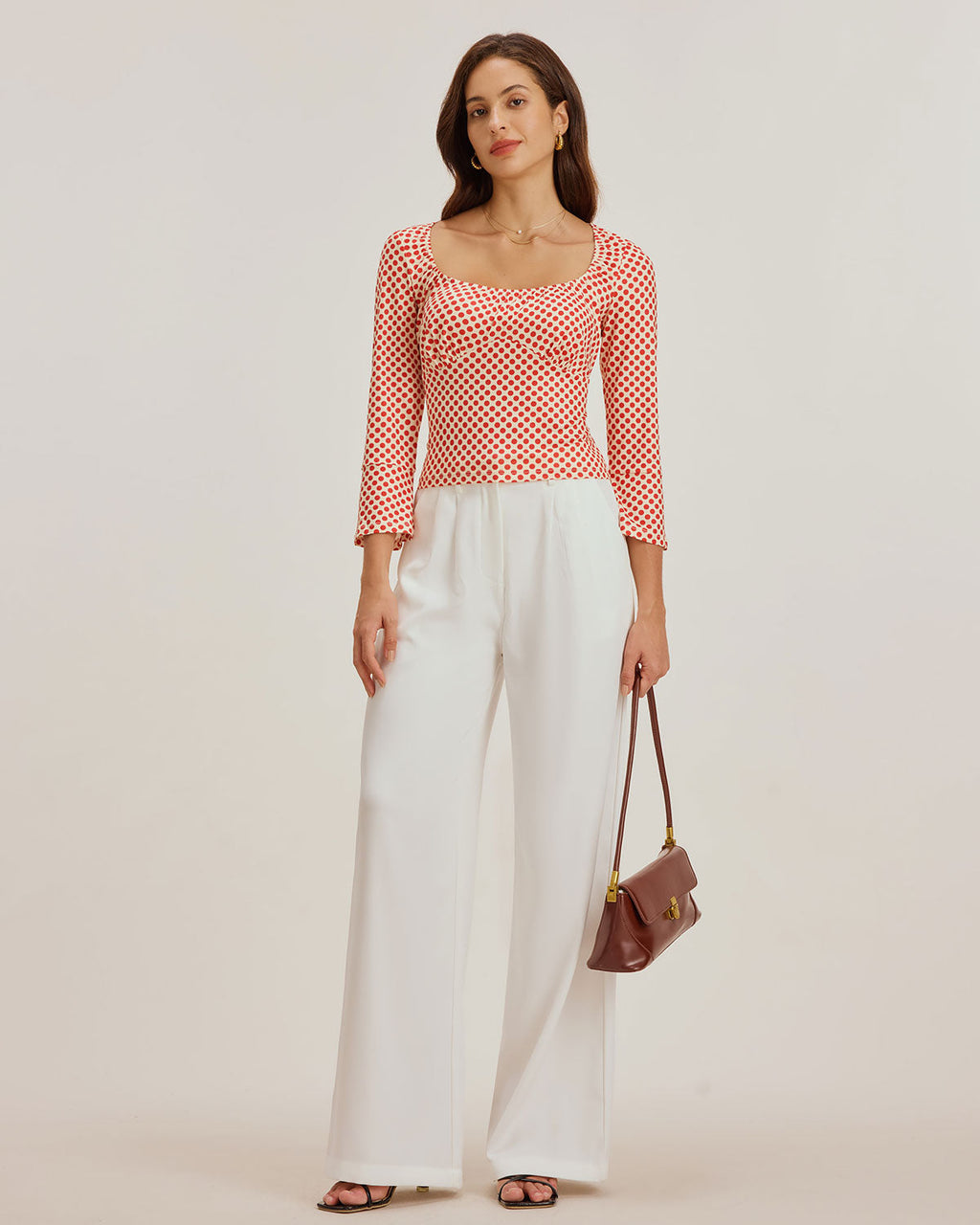 Röd Prickig U-Hals Bell Sleeve T-shirt