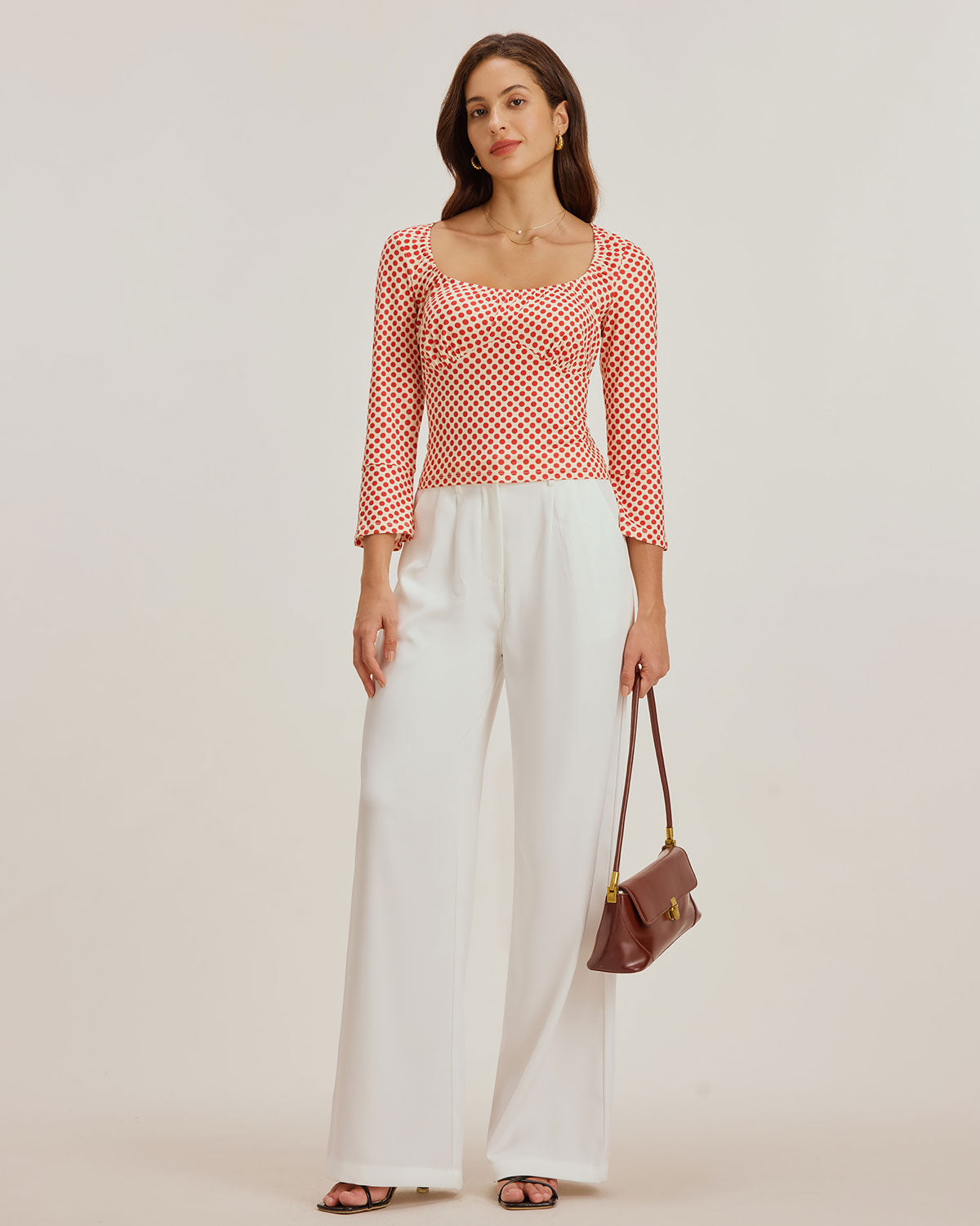 Röd Prickig U-Hals Bell Sleeve T-shirt
