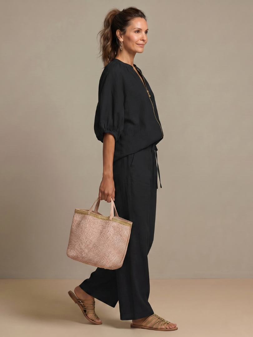 Natalia | Blouson Top med Lynlås og Bred Bukser