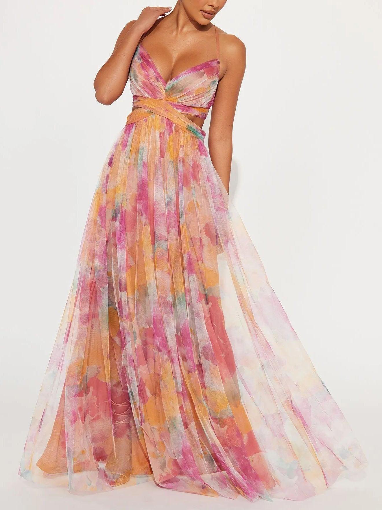 Karen | Malet Blomsterprint V-Hals Maxi Kjole