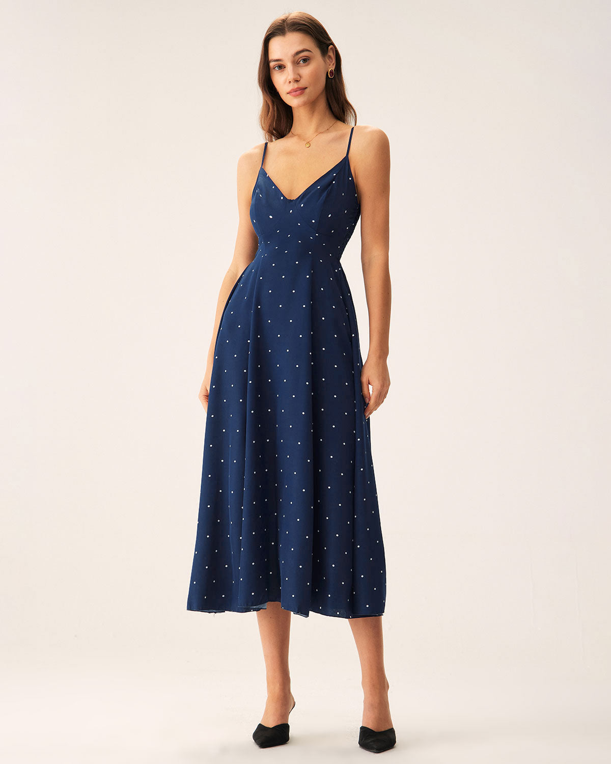 Marinblå Prickig Shirred Slip Midi Klänning