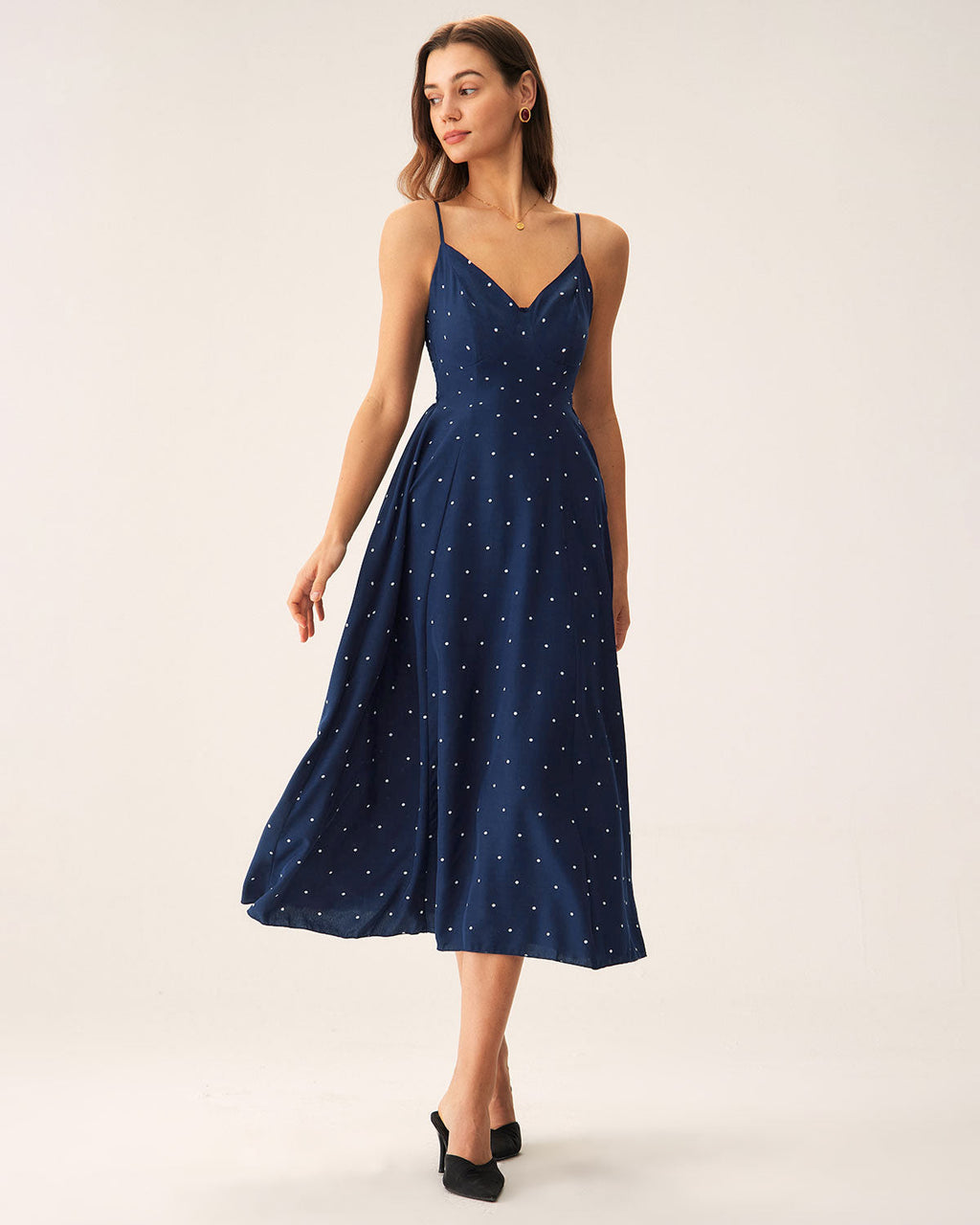 Marinblå Prickig Shirred Slip Midi Klänning