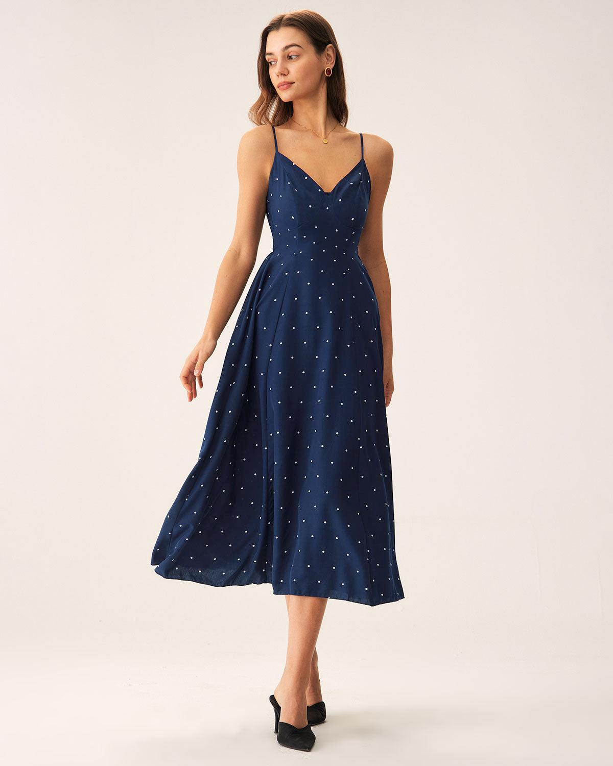 Marinblå Prickig Shirred Slip Midi Klänning