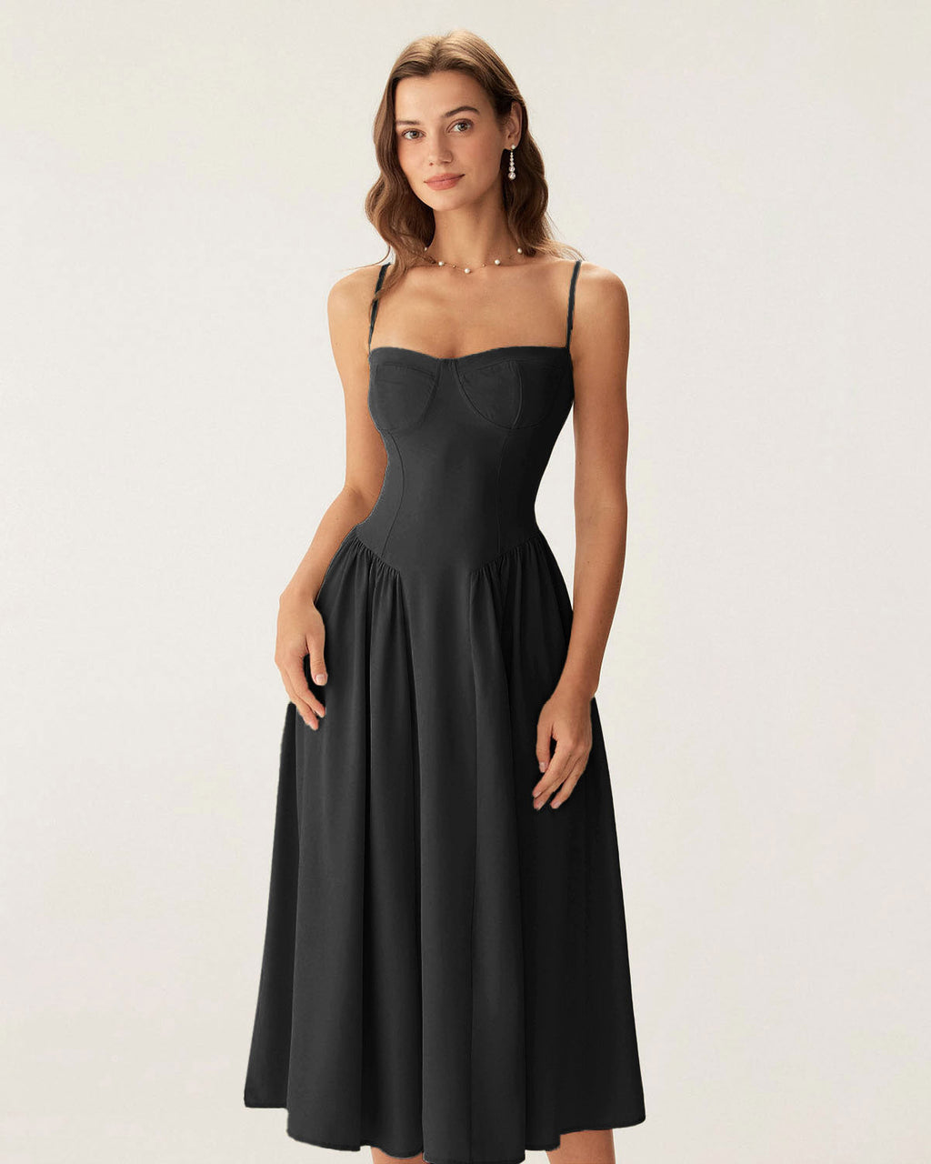 Svart Fyrkantig Halsringning Pocket Slip Midi Klänning