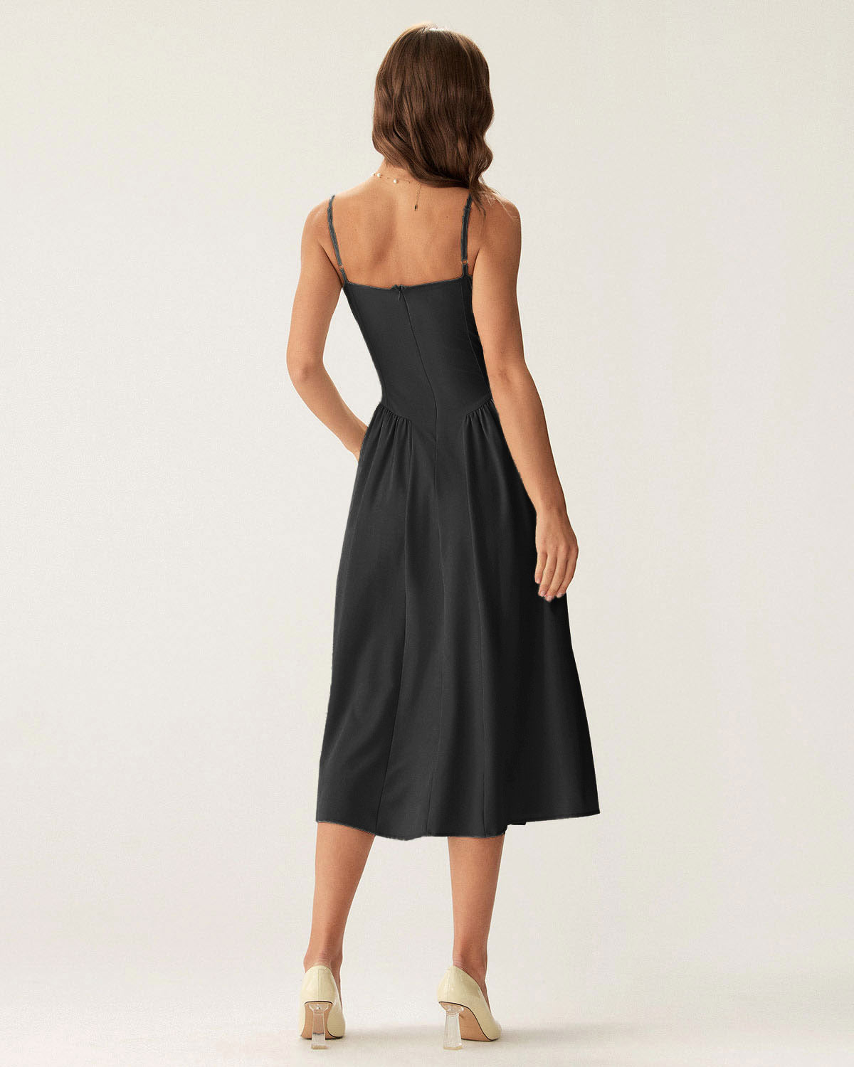 Svart Fyrkantig Halsringning Pocket Slip Midi Klänning