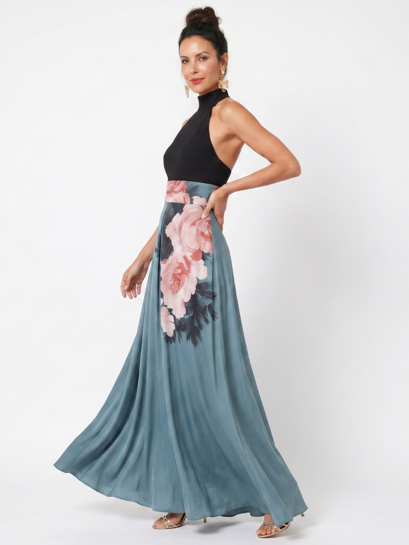Olympas™ Halterneck Bodice Blommig Kjol Maxi Klänning