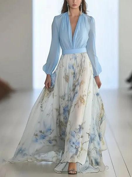 Madeleine | Fantastisk Blomsterprint V-Hals Maxi Kjole