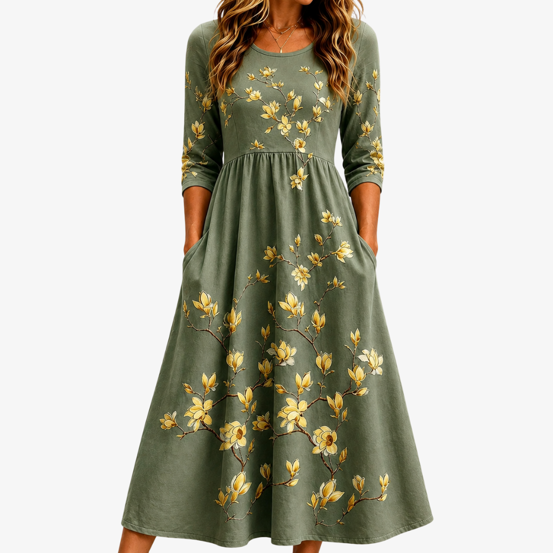 Sage Blossom Grace Pocket Midi Klänning