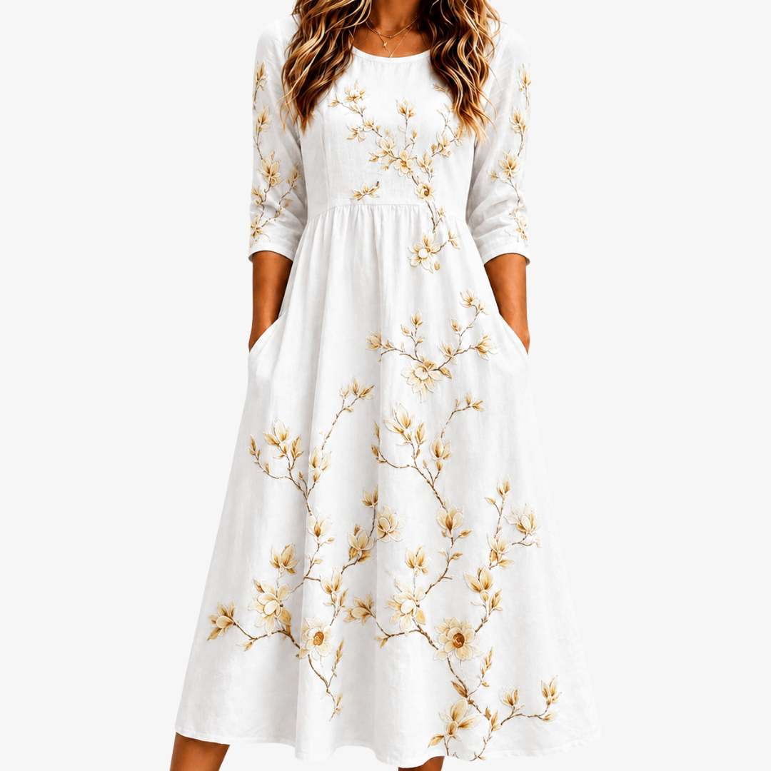 Elfenbensblomma Grace Pocket Midi Klänning