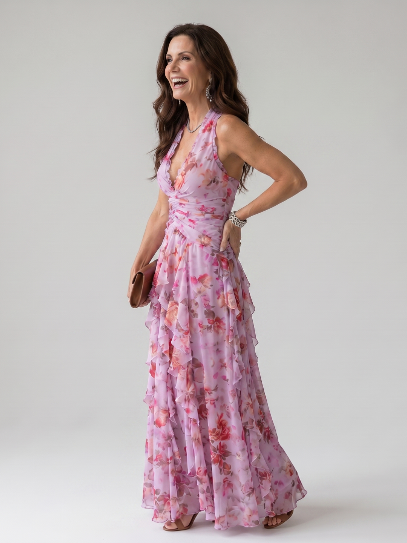 Nori™ Halter Neck Rynket Bodice Blomster Maxi Kjole