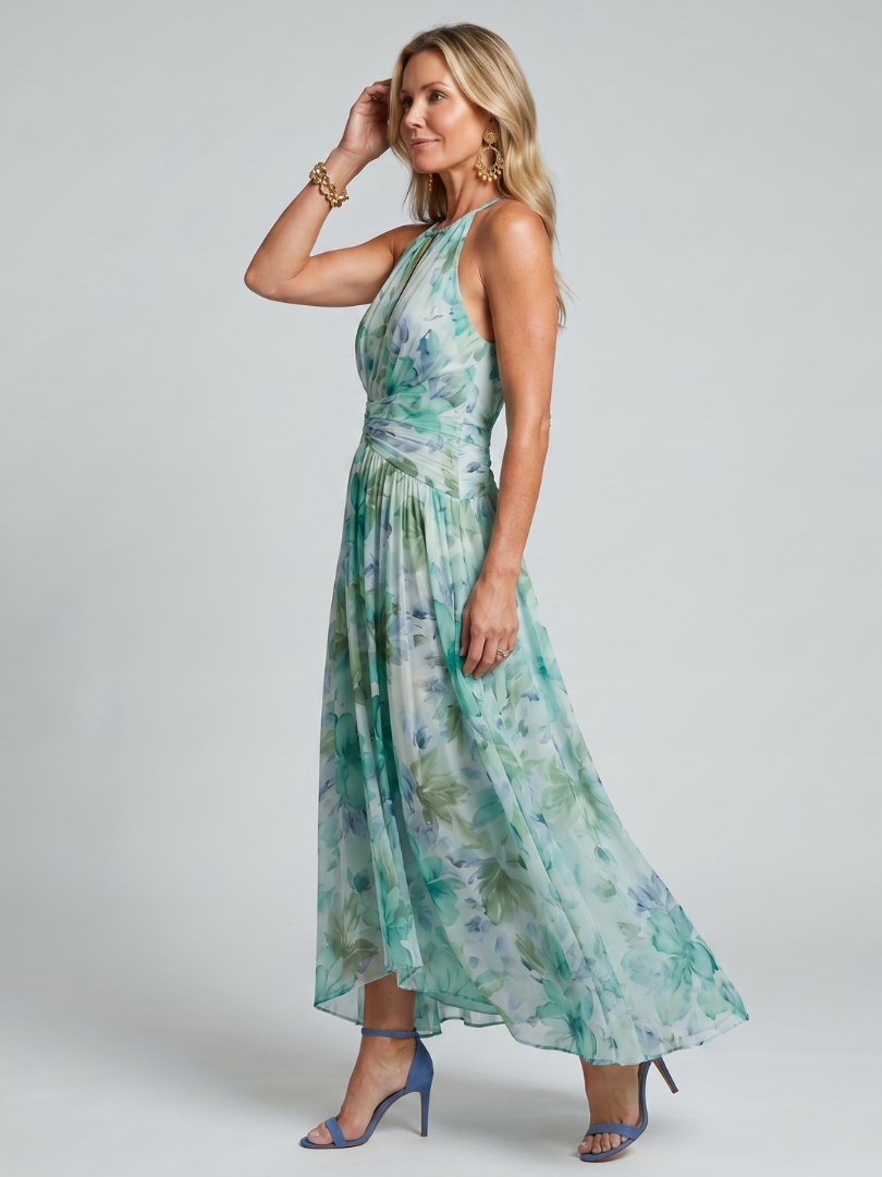 Portia™ Plisserad Halterneck Klänning med Mjuk Blommönster Midi