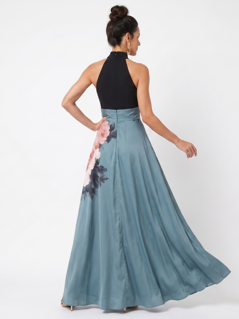 Olympas™ Halter Bodice Floral Skirt Maxi Klänning
