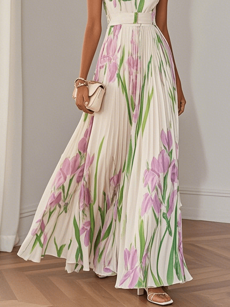 Marie | Hvid Plisseret Blomster Chiffon Maxi Kjole