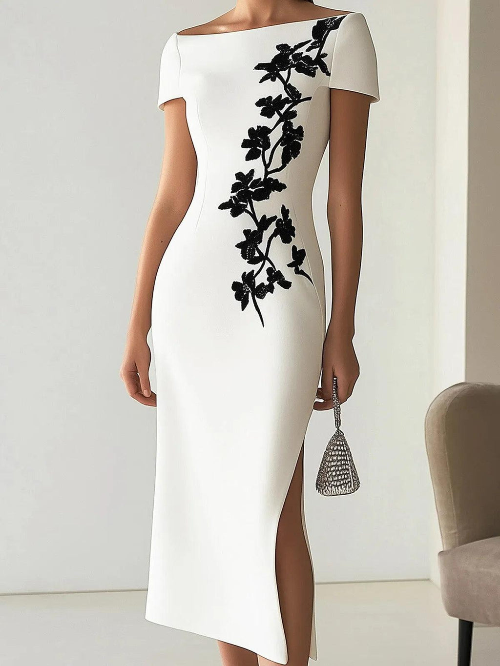 Audrey | Chic Blomsterprint Bådudskæring Midi Kjole Outfit