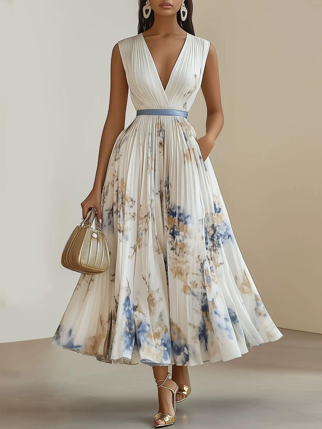 Chloe | Hvid Blomster Chiffon V-Hals Plisseret Midi Kjole