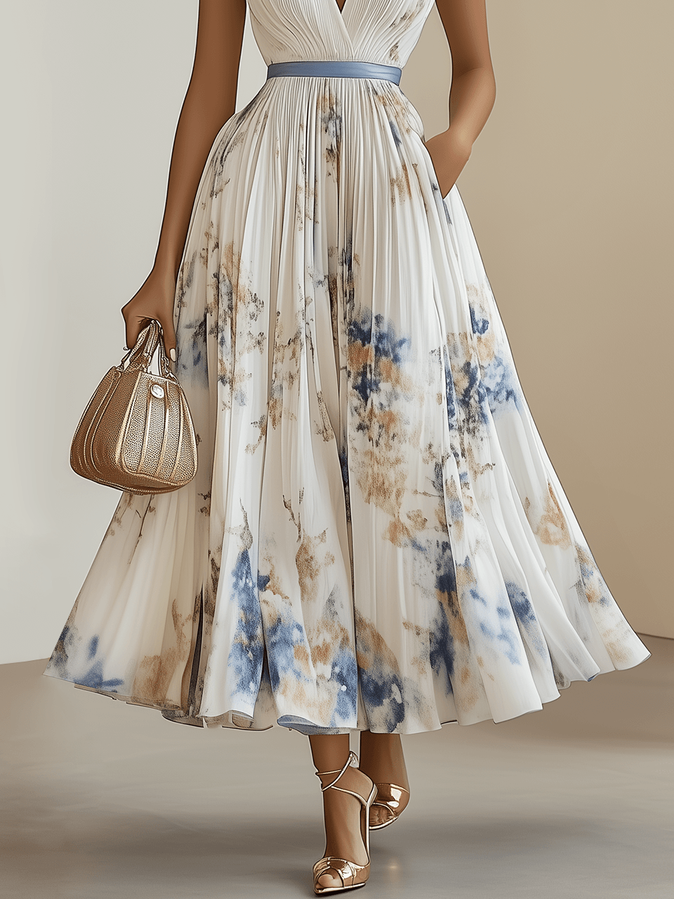 Chloe | Hvid Blomster Chiffon V-Hals Plisseret Midi Kjole