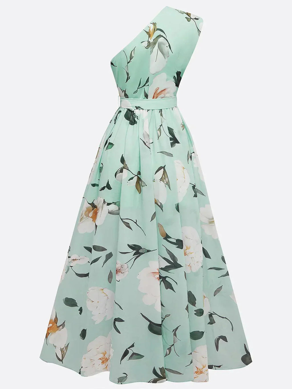 Julie | Lys Grøn Blomster Chiffon One-Shoulder Maxi Kjole